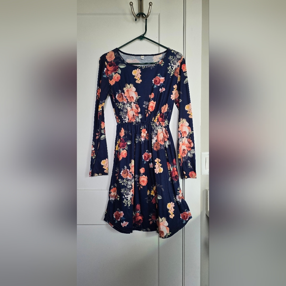 Navy Blue Floral Dress With Pockets